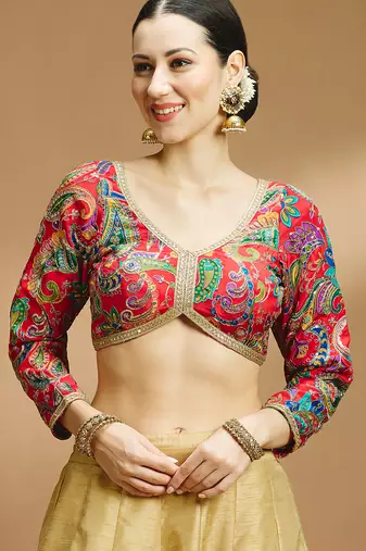 Self embroidered full sleeves v neck designer saree blouse