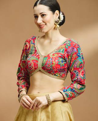 Self embroidered full sleeves v neck designer saree blouse 3