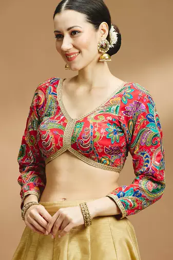 Self embroidered full sleeves v neck designer saree blouse