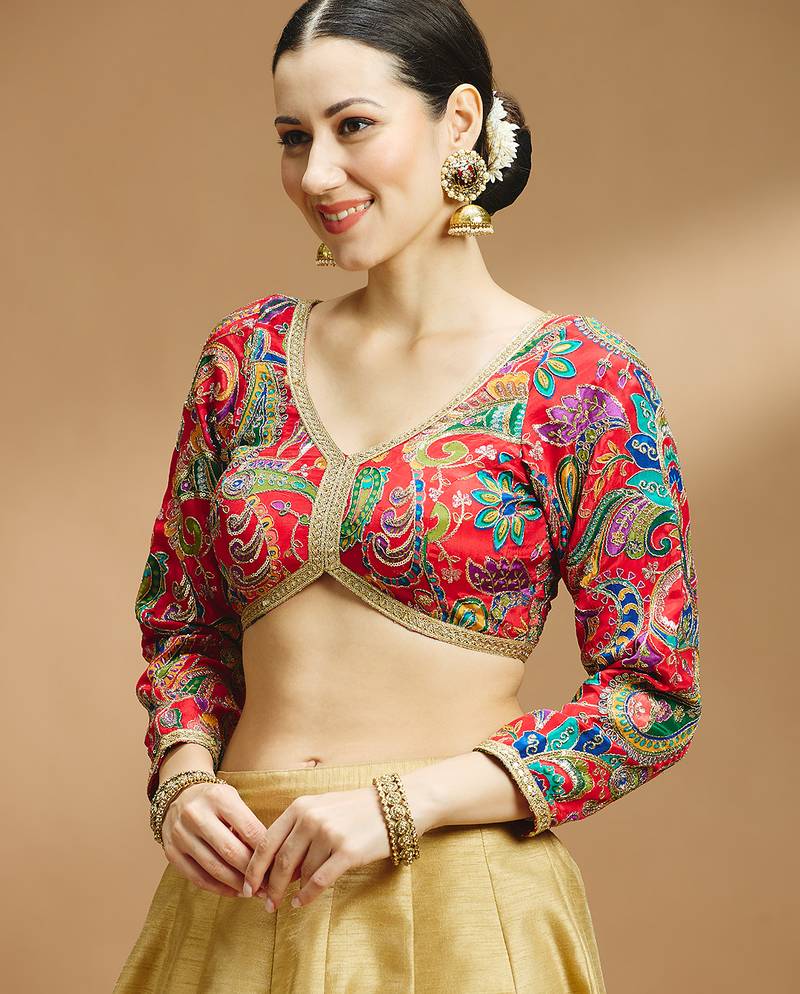 Self embroidered full sleeves v neck designer saree blouse