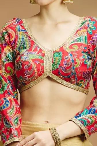 Self embroidered full sleeves v neck designer saree blouse
