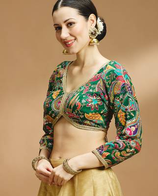 Self embroidered full sleeves v neck designer saree blouse 3