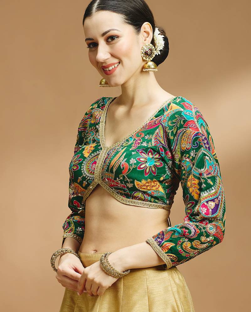 Self embroidered full sleeves v neck designer saree blouse