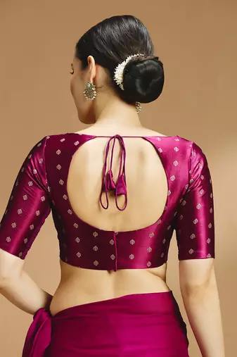 Wine side smocking stretchable satin silk blouse