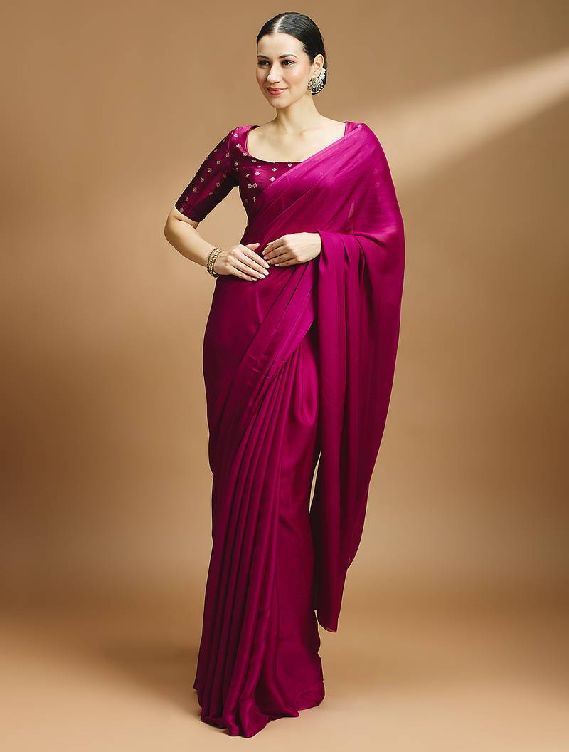Wine side smocking stretchable satin silk blouse