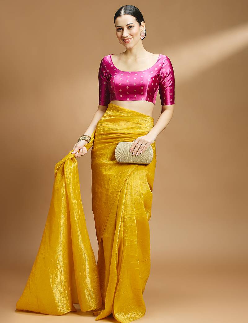 Pink side smocking stretchable satin silk blouse