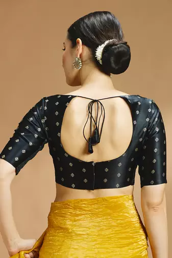 Black side smocking stretchable satin silk blouse