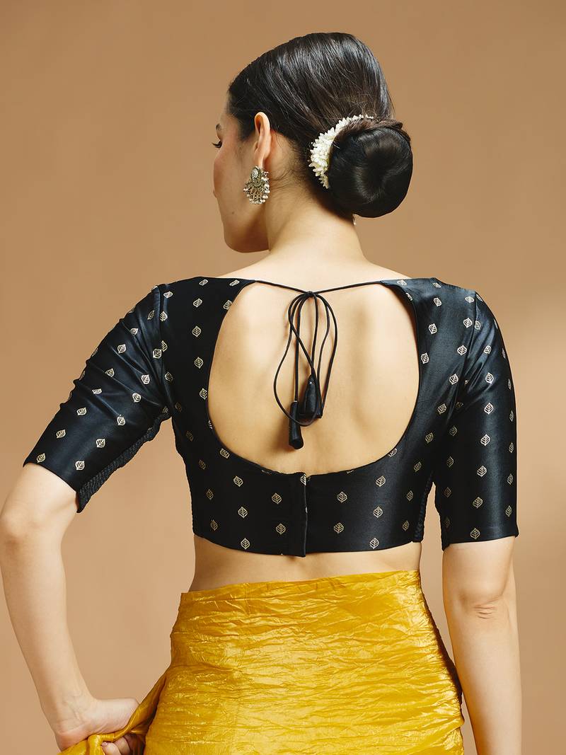 Black side smocking stretchable satin silk blouse