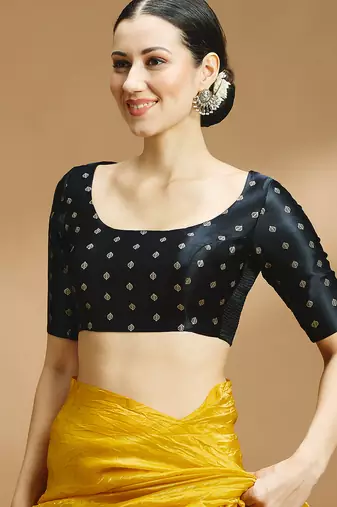 Black side smocking stretchable satin silk blouse