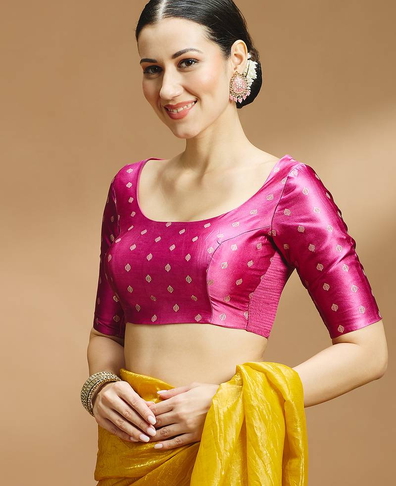 Pink side smocking stretchable satin silk blouse