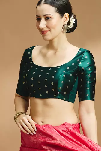 Bottle green side smocking stretchable satin silk blouse