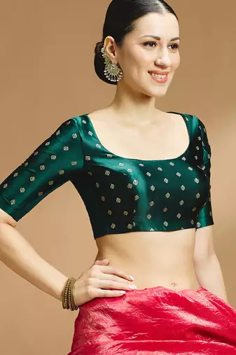 Bottle green side smocking stretchable satin silk blouse