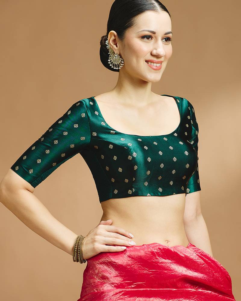 Bottle green side smocking stretchable satin silk blouse