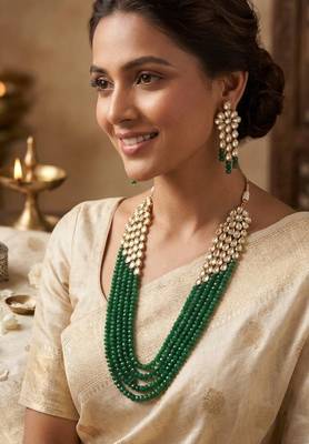 Emerald multi-strand kundan long necklace set 1