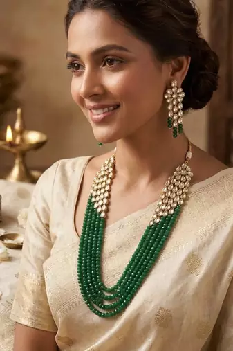 Emerald multi-strand kundan long necklace set