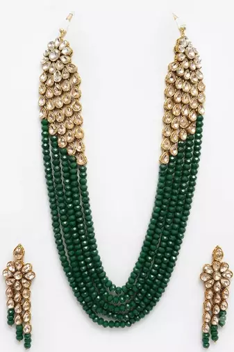 Emerald multi-strand kundan long necklace set