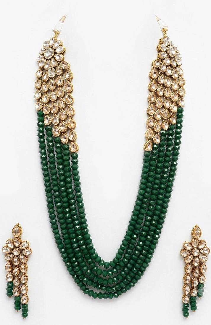 Emerald multi-strand kundan long necklace set