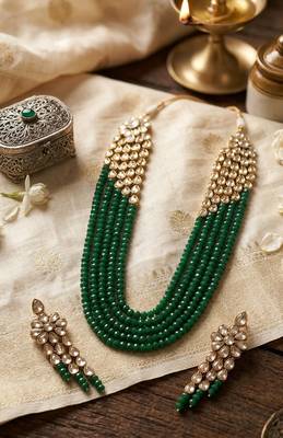 Emerald multi-strand kundan long necklace set 4