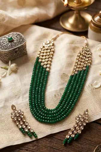 Emerald multi-strand kundan long necklace set