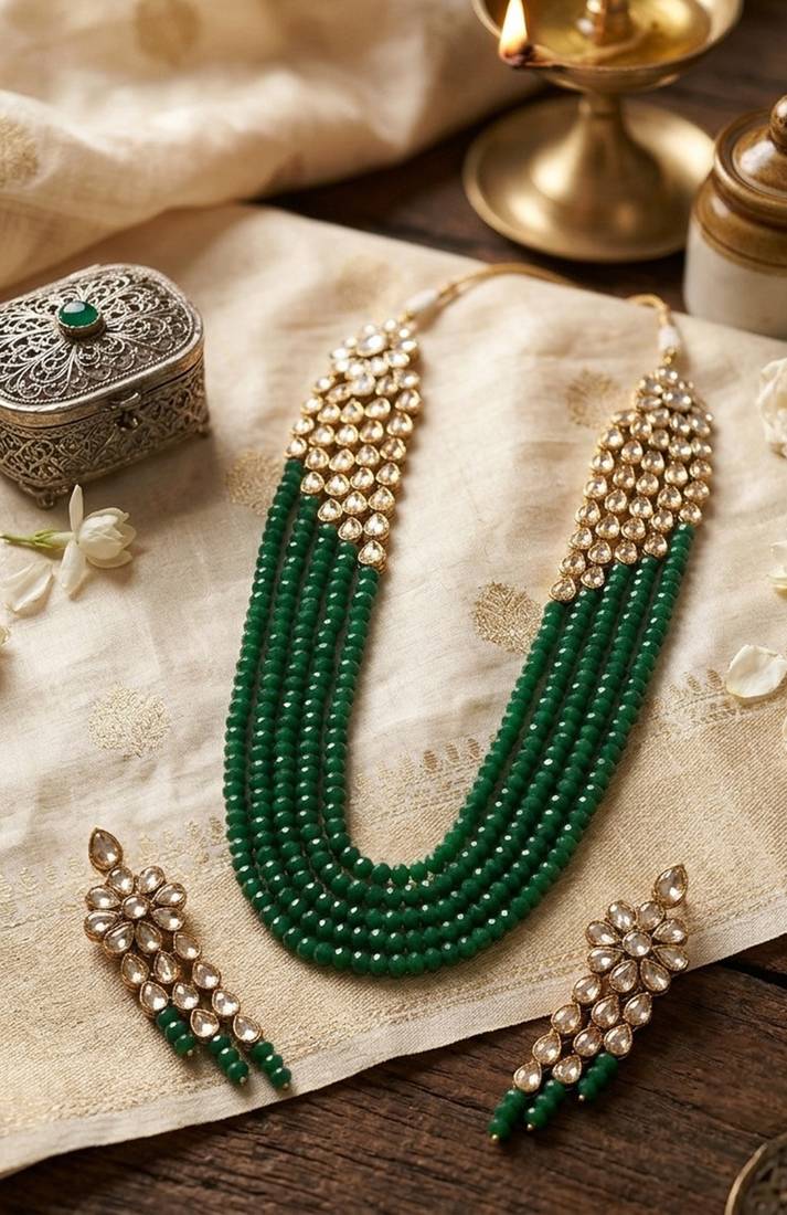 Emerald multi-strand kundan long necklace set
