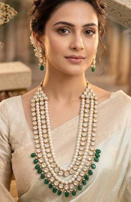 Kundan layered necklace set with green bead 1