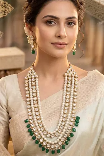 Kundan layered necklace set with green bead