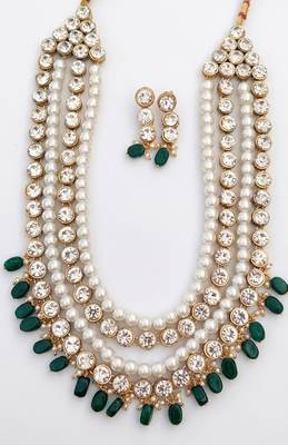 Kundan layered necklace set with green bead 3