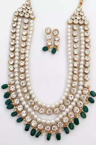 Kundan layered necklace set with green bead