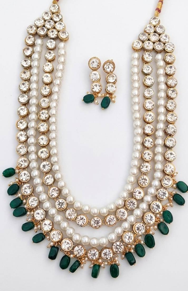 Kundan layered necklace set with green bead