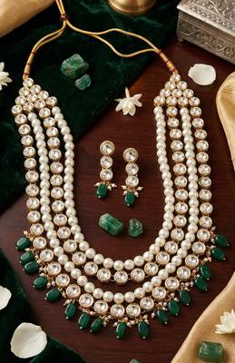 Kundan layered necklace set with green bead 4
