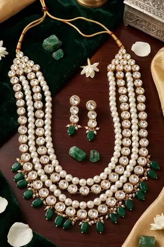 Kundan layered necklace set with green bead