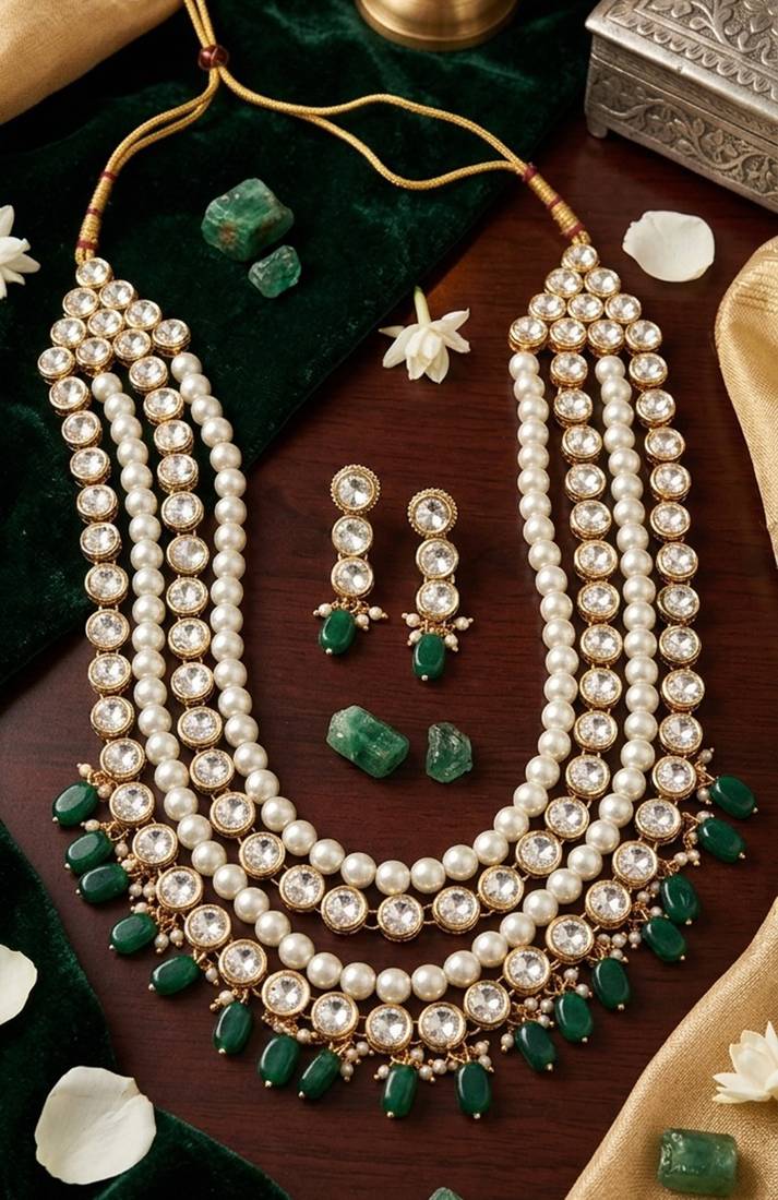 Kundan layered necklace set with green bead