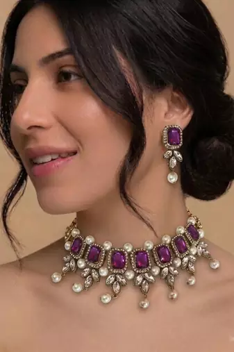 Purple stone kundan choker set with earrings