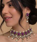 Purple stone kundan choker set with earrings