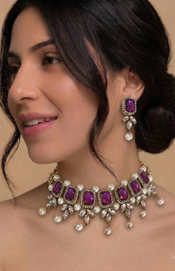 Purple stone kundan choker set with earrings