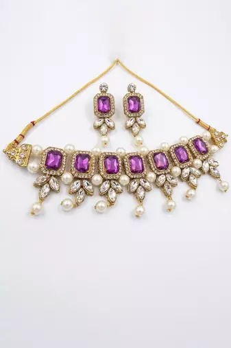Purple stone kundan choker set with earrings