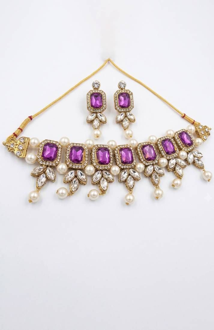 Purple stone kundan choker set with earrings