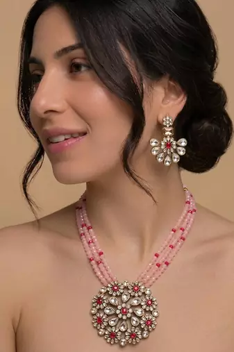 Pink multi-strand kundan pendant necklace set