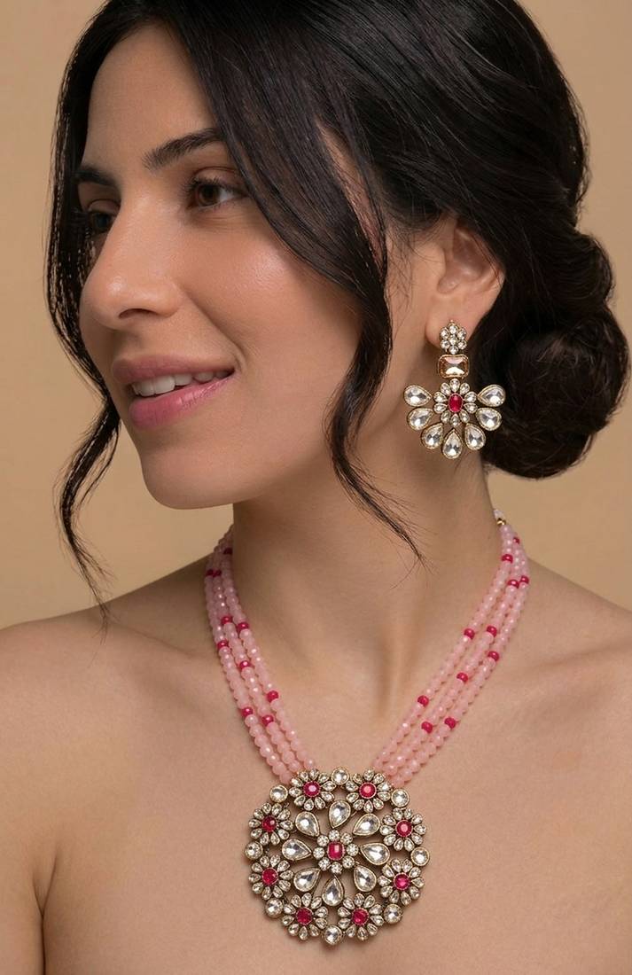 Pink multi-strand kundan pendant necklace set