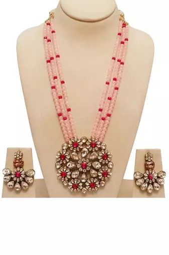 Pink multi-strand kundan pendant necklace set