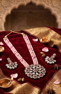 Pink multi-strand kundan pendant necklace set 4