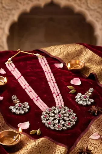 Pink multi-strand kundan pendant necklace set