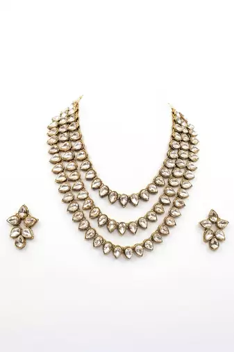 Gold triple strand teardrop kundan necklace set