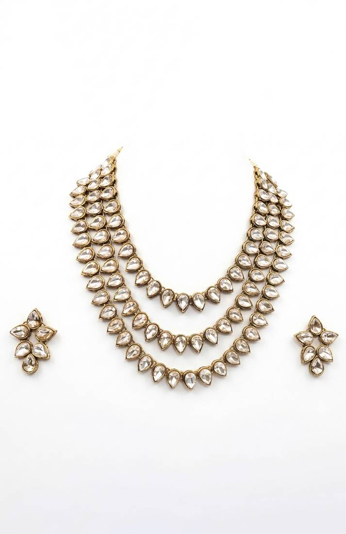 Gold triple strand teardrop kundan necklace set