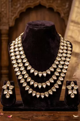 Gold triple strand teardrop kundan necklace set