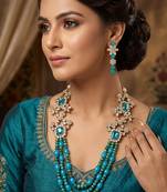 Turquoise stone & bead kundan long necklace set