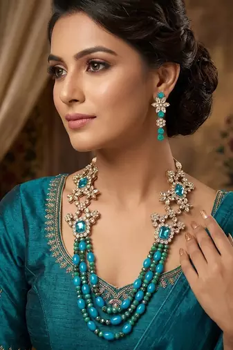 Turquoise stone & bead kundan long necklace set