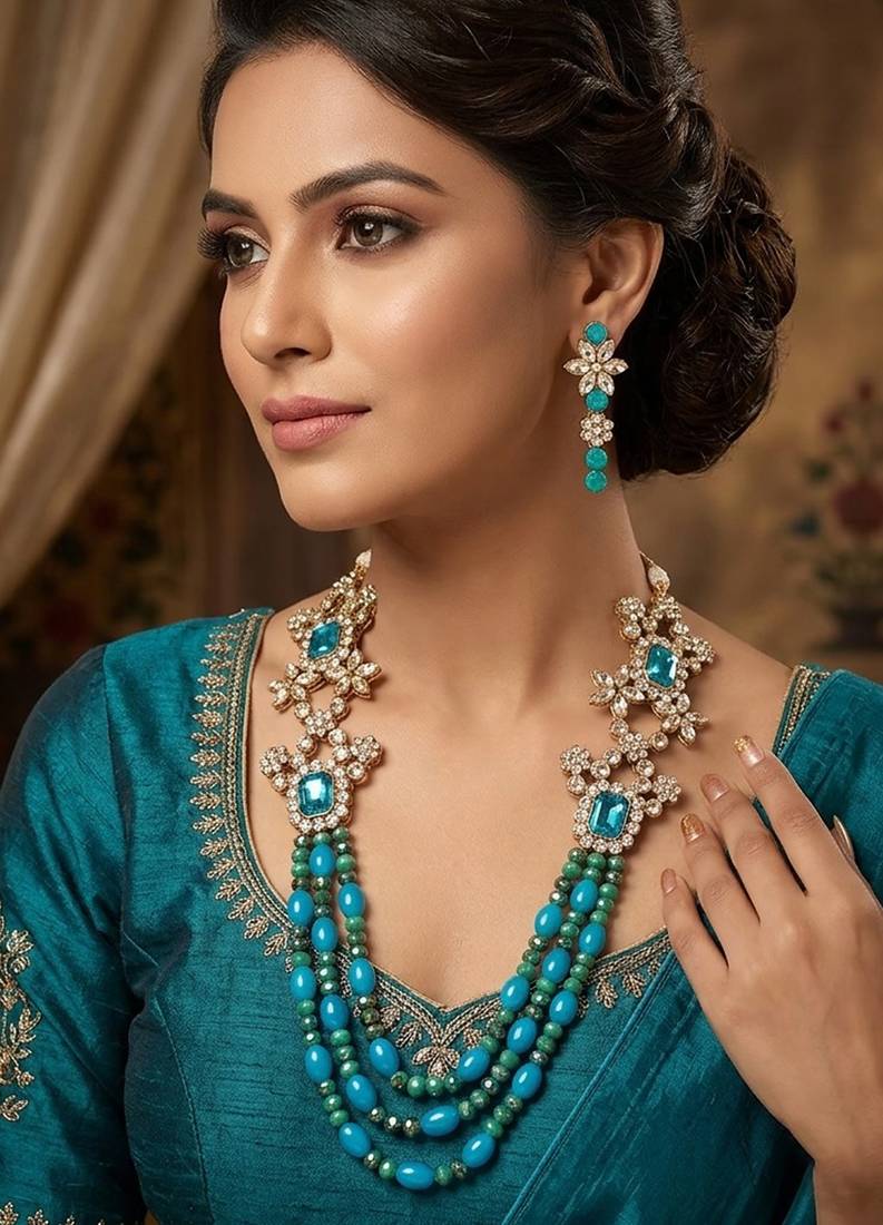 Turquoise stone & bead kundan long necklace set