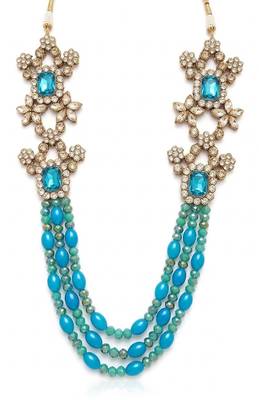Turquoise stone & bead kundan long necklace set 3