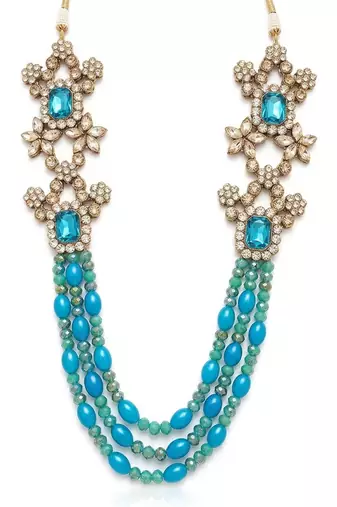 Turquoise stone & bead kundan long necklace set